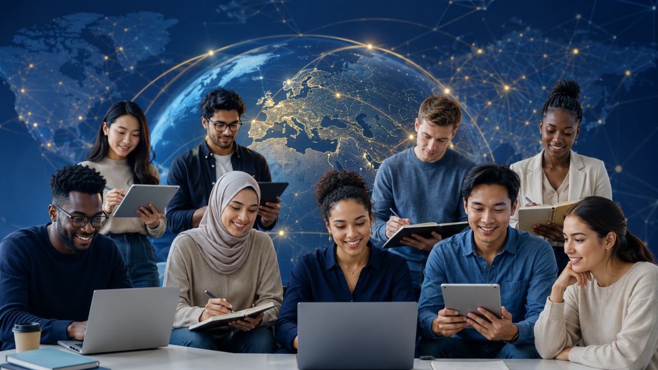 Certified GAISB students from multiple continents working with AI tools in front of a global network map
